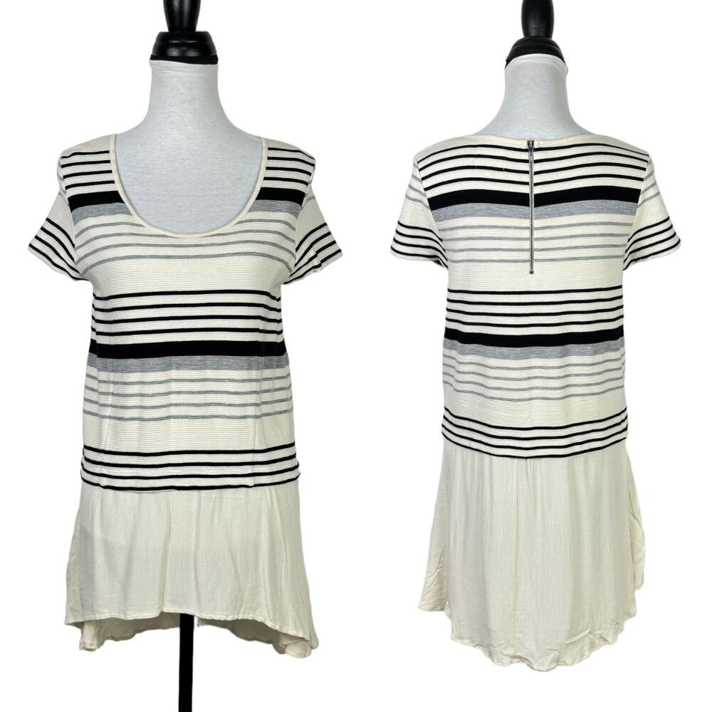 Deletta Anthropologie Cream & Black Stripe Hi Low Mini T-shirt Dress